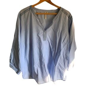 Cottagecore Boho Fairy Soft Girl Blue V Neck cotton Embroidered Tunic Top 1X